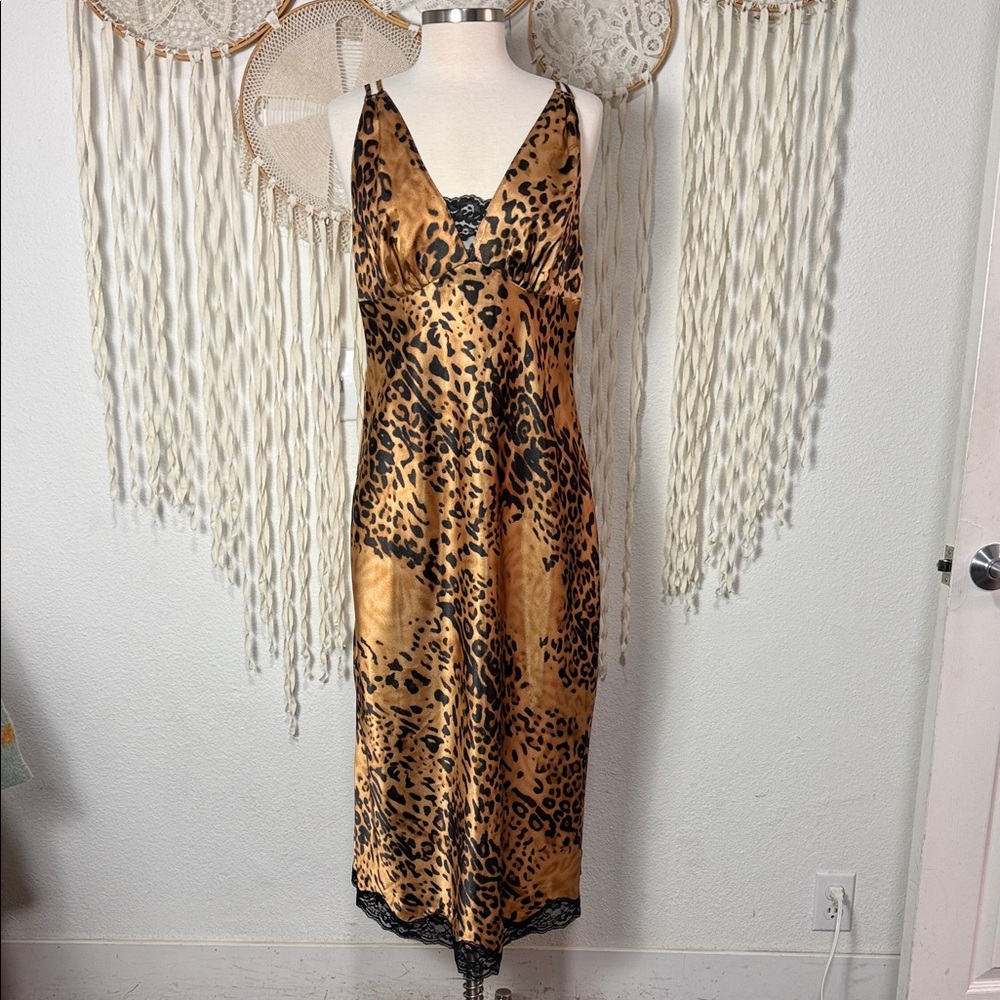 Secret Treasures Satin Brown Leopard Black Lace Slip Dress Size Large 12-14